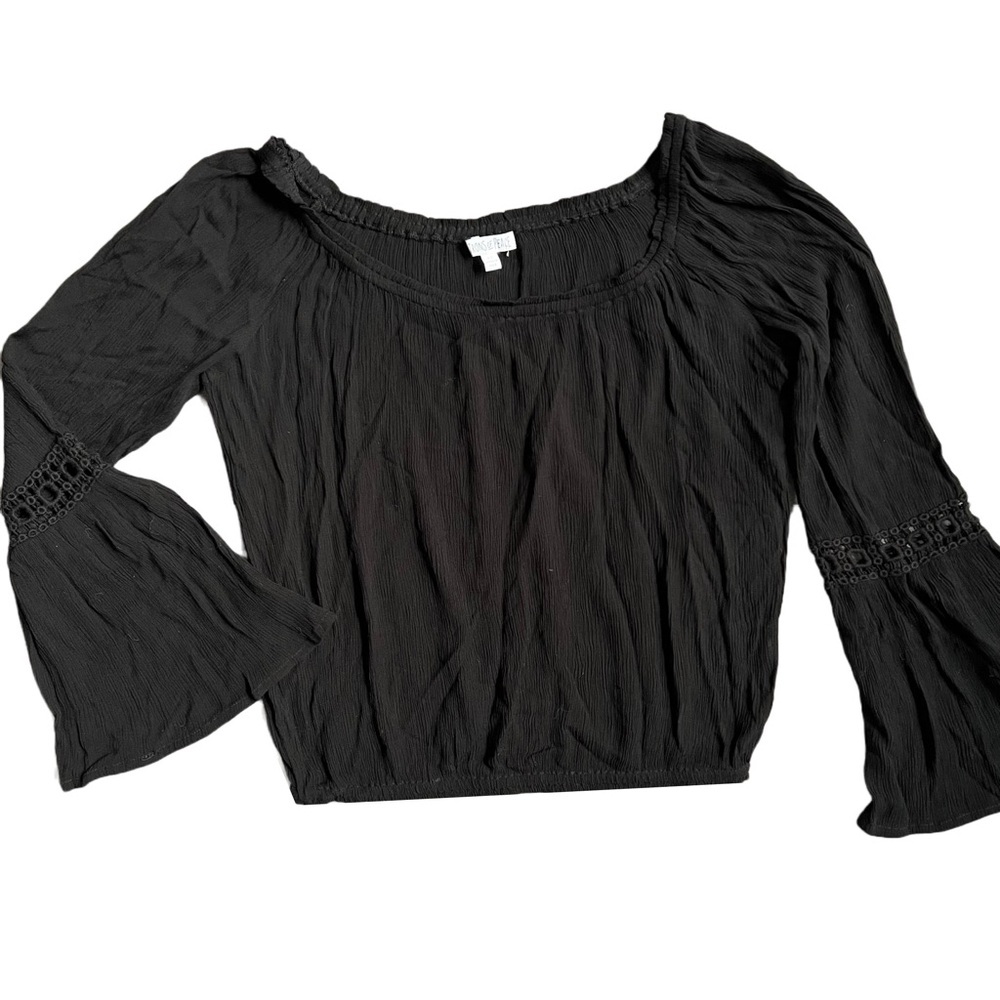 PATRONS OF PEACE BLACK OFF THE SHOULDER LIGHTWEIGHT BLOUSE WITH BELL SLEEVES XS